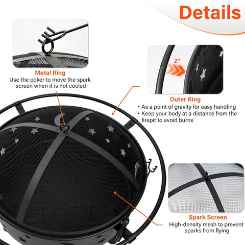 32 Inch 2 In 1 Outdoor Fire Pit Round Metal Firepit With Moon And Star Design, Includes Spark Screen And Metal Ring Details