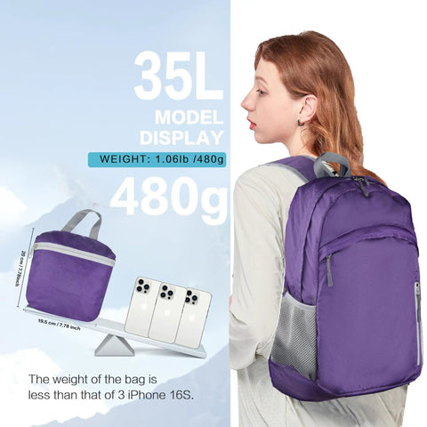 Foldable Daypack 35L Lightweight Outdoor Backpack For Beach Trips And Travel in durable purple, shown worn by model and folded size display.