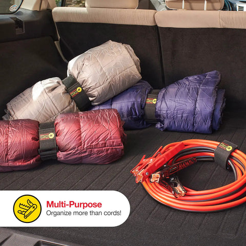 Assorted Twelve Pack Elastic Cinch Straps For Cords, Hoses, Ropes And Cables securing rolled jackets and jumper cables in trunk