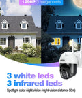 Day and night view of Solar Powered Wireless Outdoor Security Camera 3MP 2K Ultra HD, demonstrating color night vision ability.