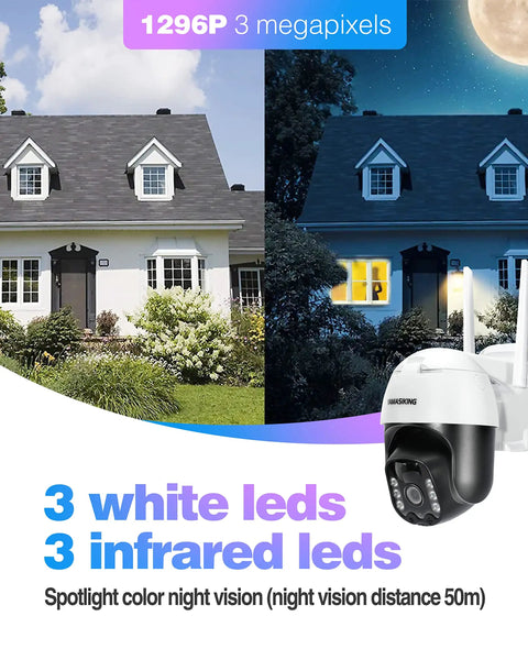 Day and night view of Solar Powered Wireless Outdoor Security Camera 3MP 2K Ultra HD, demonstrating color night vision ability.