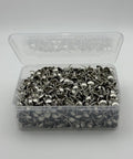 Pro Shop Grade Silver Finish Upholstery Tacks 7 16 Inch Round Heads 500 Piece Set For Furniture Repair Leather Couch Detail And Diy Woodworking Built Different For Pros in a clear storage box.