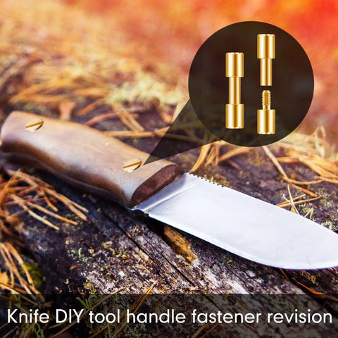 Beefy Brass Bolt Fasteners Set, 20 Pieces, 6 mm Head Diameter Blind Rivets with knife, showing handle pins use