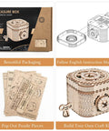 3D Wooden Gear Puzzle Box For Adults And Teens 14 And Up, Laser Cut Mechanical Model Kit Treasure Box With 158 Pieces, box kit parts and assembled wooden treasure box