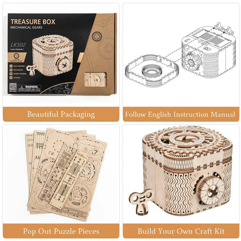 3D Wooden Gear Puzzle Box For Adults And Teens 14 And Up, Laser Cut Mechanical Model Kit Treasure Box With 158 Pieces, box kit parts and assembled wooden treasure box