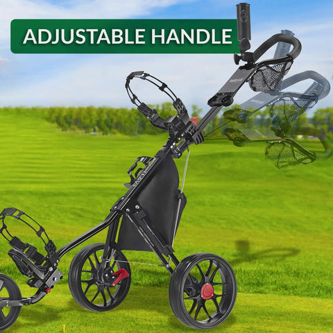 Ultra Lightweight Aluminum 3 Wheel Golf Push Cart With Quad Fold Frame EVA Wheels Adjustable Handle on golf course