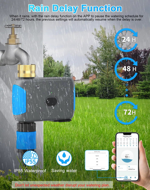 WiFi Sprinkler Timer With Bluetooth Hose Timer showcasing rain delay function, app control, attached to outdoor faucet.