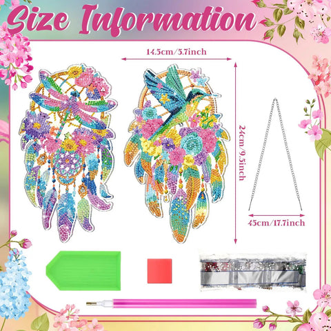 Twin Pack Hummingbird Dream Catcher Diamond Painting Kit For Adults With Hummingbird Diamond Art Suncatcher Diy Dragonfly Hanging Decor For Home Wall Window Door dimensions and tools
