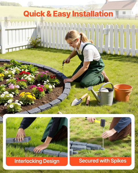 Person installing Faux Stone Landscape Edging Kit No Dig Border For Lawn And Garden Flexible Stone Look Edging For Flower Beds