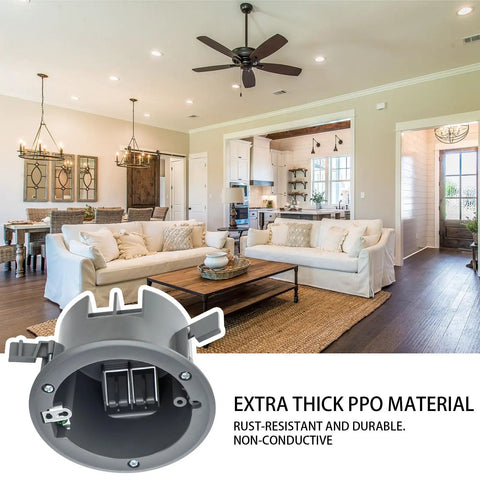 Living room interior with 12 Pack Round Non Metallic Electrical Boxes For Old Work Ceilings Four And One Quarter Inch Plastic Junction Box With 18 Cubic Inches Capacity DIY Friendly Ceiling And Wall Light Box For Quick Install displayed.