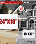Comparison of 24x18 vs 18x12 yard signs in front of house, highlighting size differences for 10 Pack 18x24 Heavy Duty Corrugated Plastic Yard Signs With Sturdy H Stakes For Estate Sales Garage Sales Parties Weddings Birthdays Campaigns And Parking Make Your Own Outdoor Sign Kit.