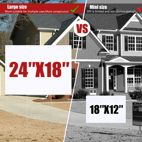 Comparison of 24x18 vs 18x12 yard signs in front of house, highlighting size differences for 10 Pack 18x24 Heavy Duty Corrugated Plastic Yard Signs With Sturdy H Stakes For Estate Sales Garage Sales Parties Weddings Birthdays Campaigns And Parking Make Your Own Outdoor Sign Kit.