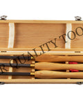 Three-piece carbide wood lathe turning chisel set with replaceable tips in a wooden box