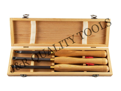 Three-piece carbide wood lathe turning chisel set with replaceable tips in a wooden box