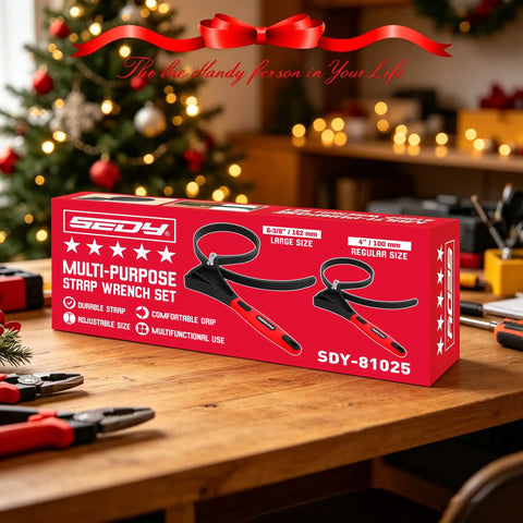 Heavy Duty Rubber Strap Adjustable Wrench Set, Includes 6 Inch And 4 Inch Wrenches, Oil Filter Jar Opener box on wooden table