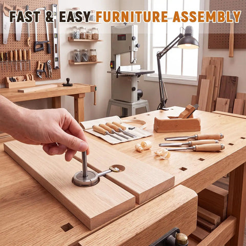 8 Piece Countertop Connector Bolts Kit With Hex Wrench For Fast, Easy Countertop Installations And DIY Friendly Furniture Assembly on wood workbench