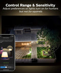 Smart Outdoor Motion Sensor For Indoor And Outdoor Lights Weatherproof Black Detector That Triggers Home Lighting Automations Welcomes You And Guests Deters Intruders showing control range and sensitivity from a smartphone app.