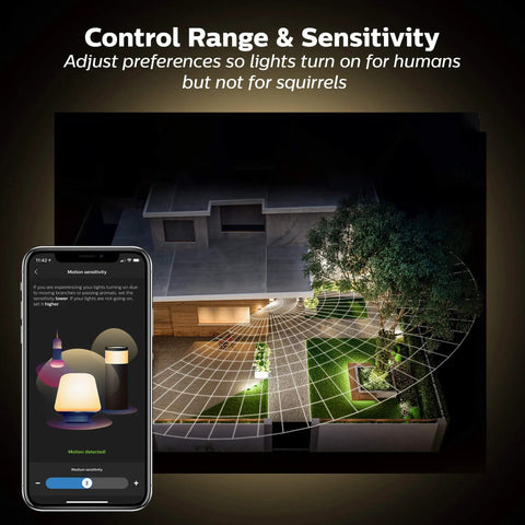Smart Outdoor Motion Sensor For Indoor And Outdoor Lights Weatherproof Black Detector That Triggers Home Lighting Automations Welcomes You And Guests Deters Intruders showing control range and sensitivity from a smartphone app.