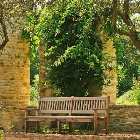 Wooden bench set against stone structure, surrounded by lush greenery in a serene garden setting.