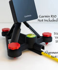 Rock Solid Adjustable Alignment and Leveling Stand for Approach R10 Monitor, black with red knobs, shown with yellow stick holder