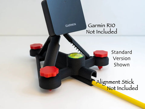 Rock Solid Adjustable Alignment and Leveling Stand for Approach R10 Monitor, black with red knobs, shown with yellow stick holder