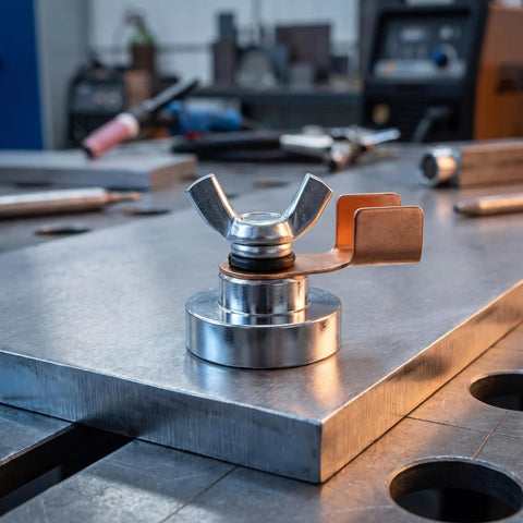 Five Piece Magnetic Welding Ground Clamp Set That Slaps Securely To Any Metal For Heavy Duty Jobs With Zero Hassle And Total Grip For Pros Who Need Reliable Grounding Fast, close-up of a strong magnetic clamp on steel.