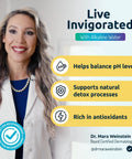 Doctor recommending alkaline water for pH balance, detox, and antioxidants with product details for Alkaline Countertop Water Filter Dispenser