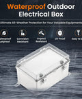 Weatherproof IP67 Outdoor Junction Box Enclosure With Inner Door And Hinged Clear Cover Plastic Electrical Project Box Includes Mounting Plate And Wall Brackets For 11.8 By 7.9 By 6.7 Inches, in a rain setting