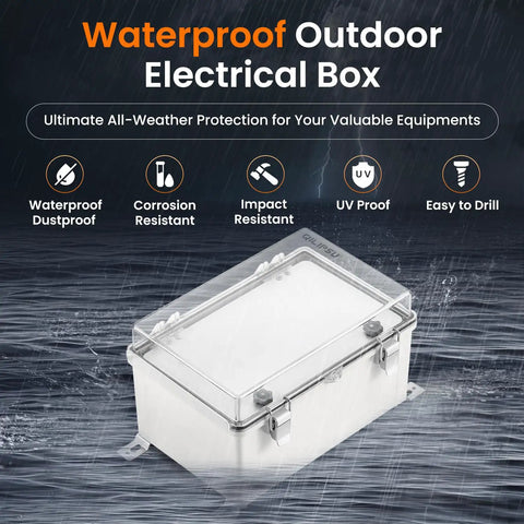 Weatherproof IP67 Outdoor Junction Box Enclosure With Inner Door And Hinged Clear Cover Plastic Electrical Project Box Includes Mounting Plate And Wall Brackets For 11.8 By 7.9 By 6.7 Inches, in a rain setting