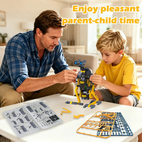 25 In 1 Solar Science Robot Kit For Kids Ages 8 And Up, A Totally Fun Hands On STEM Building Toy That Lets Them Build 25 Different Solar Robots, Learn Basic Coding, Physics And Engineering, A Cool Educational Gift For Curious Makers. Parent and child assembling robot on table.