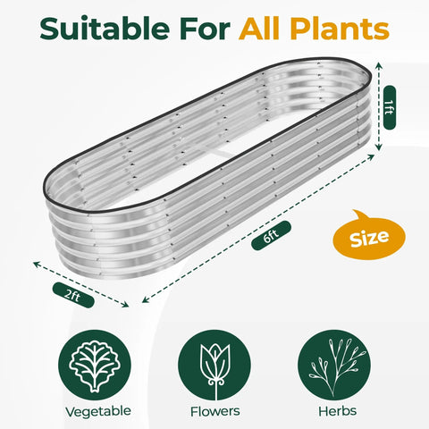 Galvanized Raised Garden Bed 6x2x1 Ft Easy Setup Outdoor Planter Box For Veggies Fruits And Flowers in silver material with dimensions labeled.
