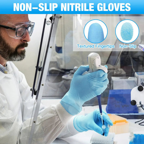 Scientist wearing Tough As Nails Nitrile Exam Gloves Large 1000 Count Powder Free Textured Fingertips Medical Grade Protection.
