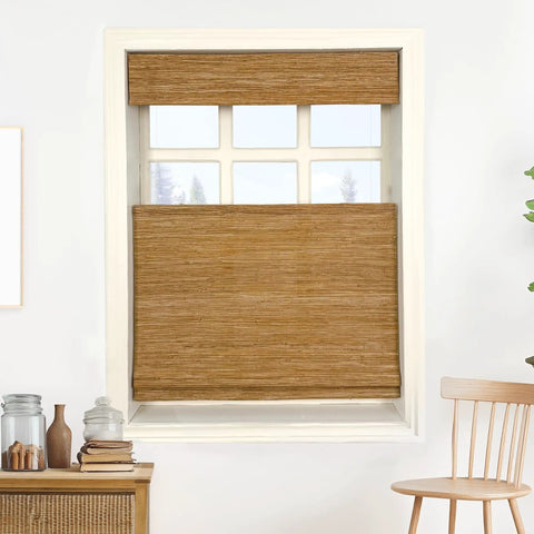 Cozy Cordless Top Down Bottom Up Bamboo Roman Shades For Windows With Privacy And Light Control Woven 100 Percent Jute Roman Blind For Bedroom Living Room Kitchen Custom Fit Natural Light Filtering, shown installed in a window