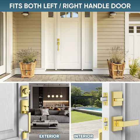 Front Door Handle Set With Heavy Duty Square Lever And Single Cylinder Deadbolt, Reversible For Exterior Doors, Polished Brass Finish, Built Tough Zinc Alloy Hardware For Easy Install And Lasting Security