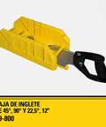 Yellow mitre box with saw, featuring 45, 90, 22.5 degree slots, 12 inch hand saw with mitre box storage system for back saws.