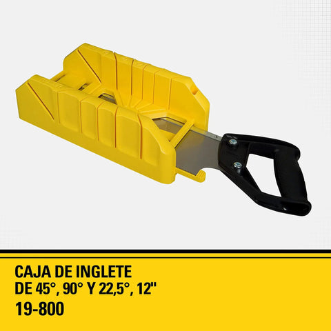 Yellow mitre box with saw, featuring 45, 90, 22.5 degree slots, 12 inch hand saw with mitre box storage system for back saws.