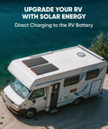 RV with SolarSaga 100 Prime Bifacial DIY Solar Panel 100W Portable Solar Charger on roof for off-grid charging by a lake