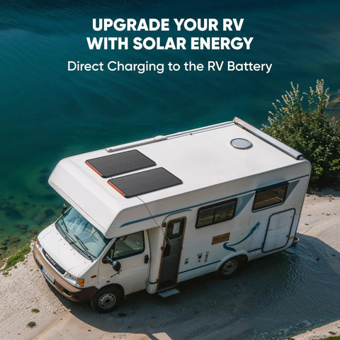 RV with SolarSaga 100 Prime Bifacial DIY Solar Panel 100W Portable Solar Charger on roof for off-grid charging by a lake