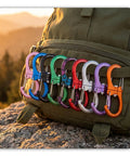 Colorful carabiners attached to a backpack, similar to 1kN Swivel DoubleEnded Carabiner Clip Set Built To Haul Heavy Duty Wire Gate Carabiners.