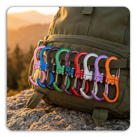 Colorful carabiners attached to a backpack, similar to 1kN Swivel DoubleEnded Carabiner Clip Set Built To Haul Heavy Duty Wire Gate Carabiners.