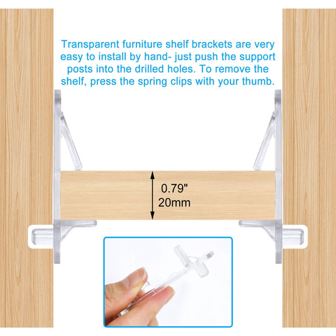 24 Pack Clear Plastic Self Locking Shelf Pegs Zero Hassle Install Cabinet Pins Fit Like A Glove For Kitchen Wood Shelves Bookcases Closets Solid Grip, in use showing installation.