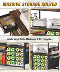 Mobile Craft Cart With 16 Vinyl Roll Holders And Built In Drawers Hooks And Shelves For Cricut Machines Heat Press And Tools All In One Rolling Workstation For Craft Room Home Or Studio Brown showing drawers, hooks, and shelves in use.