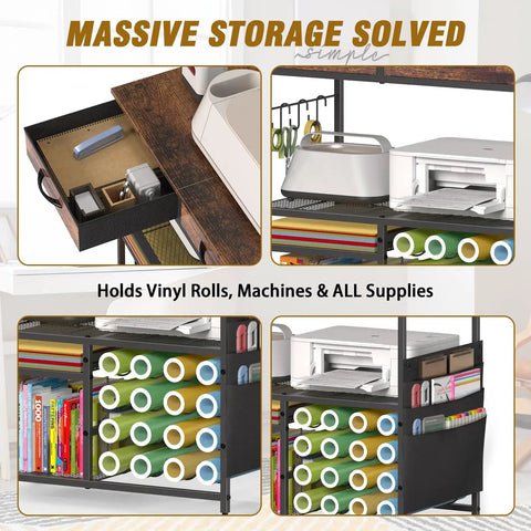 Mobile Craft Cart With 16 Vinyl Roll Holders And Built In Drawers Hooks And Shelves For Cricut Machines Heat Press And Tools All In One Rolling Workstation For Craft Room Home Or Studio Brown showing drawers, hooks, and shelves in use.