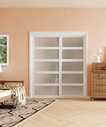 72 Inch Sliding Closet Door Kit With 5 Lite Frosted Glass Panels In White MDF Includes Hardware Track And Floor Guide Pre Drilled For Easy Assembly Space Saving Double Sliding Doors For Modern Bedroom Closet installed in bedroom.