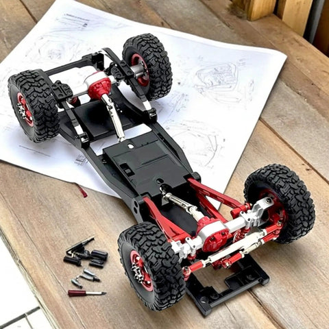 Adjustable Metal RC Drive Shaft For 1/12 Scale Crawlers on RC chassis, showcasing telescoping 70mm-93mm length, 8mm outer, 4mm inner