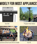 8 Ft Propane Hose With Regulator And Gauge Universal Gas Grill Connector For Blackstone 28 In And 36 In Griddles Weber Nexgrill Heaters And Fire Pits Three Eighths Inch Female Flare shown with grill, heater, griddle, and fire pit.