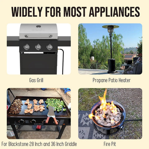 8 Ft Propane Hose With Regulator And Gauge Universal Gas Grill Connector For Blackstone 28 In And 36 In Griddles Weber Nexgrill Heaters And Fire Pits Three Eighths Inch Female Flare shown with grill, heater, griddle, and fire pit.