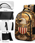 Heraldic Shield Print Backpack For Everyday Use with eagle emblem, sturdy zipper, side pockets, and padded straps.