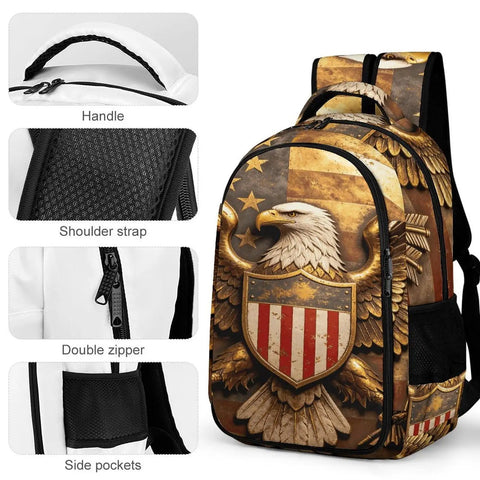 Heraldic Shield Print Backpack For Everyday Use with eagle emblem, sturdy zipper, side pockets, and padded straps.
