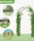 Outdoor Garden Arch Trellis For Climbing Plants, Sturdy Metal Arbor With Rust Proof Coating, 94.5 Inch Tall And 55 Inch Long, Ideal For Wedding Decor And Balloon Arch Stand, Weatherproof Garden Arbor shown with climbing plants and labeled for usage scenarios such as weddings and parties.